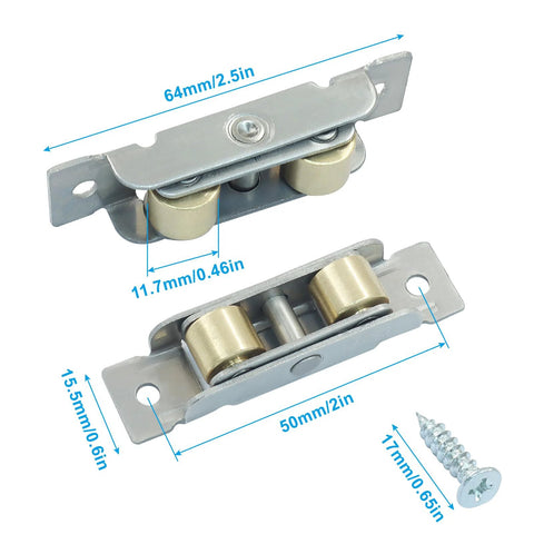 Four Piece Sliding Roller Assembly Set For Doors And Windows In Stainless Steel With Copper Components And Screws, gold flat wheels