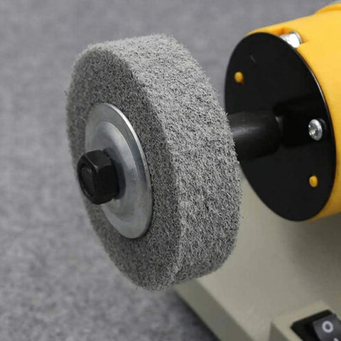 Eight Pack Three Inch Nylon Fiber Buffing Wheels With Three Eighths Inch Arbor for Bench Grinder close-up view