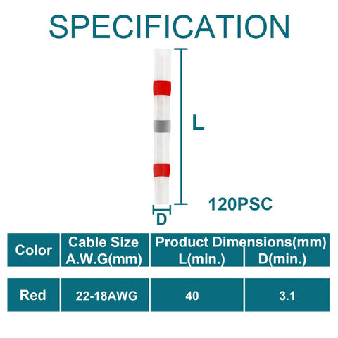 Specification of 120 Pcs Solder Seal Wire Connectors Kit For 22 18 AWG Heat Shrink Waterproof Butt Connectors with dimensions listed.