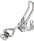 Solid As A Rock 6 Inch Polished Stainless Steel Adjustable Grip Draw Latch With Strike Plate, side view on white background.