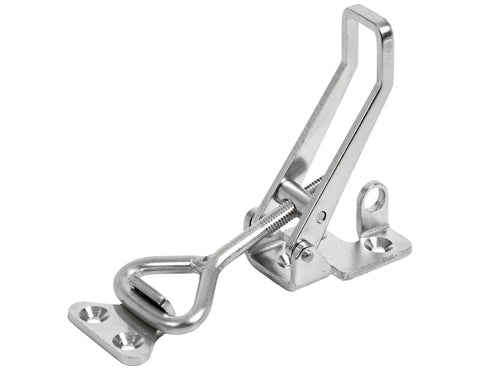 Solid As A Rock 6 Inch Polished Stainless Steel Adjustable Grip Draw Latch With Strike Plate, side view on white background.