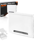9 Inch In Wall Media Box Recessed TV Cable Management Kit For Home Theater Setup Keeps Cables Tidy And Your Setup Stays Clean Enclosure Fits Roku Apple TV Samsung One Connect WiFi Friendly Easy Install White Finish image with packaging and components.