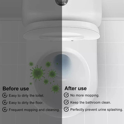 Toilet Splash Guard Urine Diverter No Splash Pee Guard For Toilet Seat comparison showing before/after cleanliness benefits