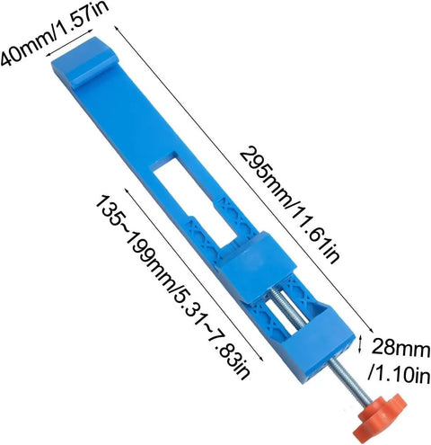 Slick Adjustable Cutting Machine Base Guide With Dead On Circular Saw Milling Positioning Clamp showing dimensions, blue plastic design.