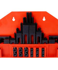 Heavy Duty T Slot Clamping Kit For Milling Machines And Drill Presses 58 Piece Clamp Set displayed on red holder