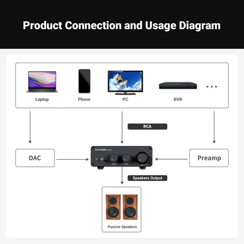Connection diagram for Beefy 2 Channel Class D Desktop Amplifier Powered By TPA3255 With 600W Total Power showing device setup