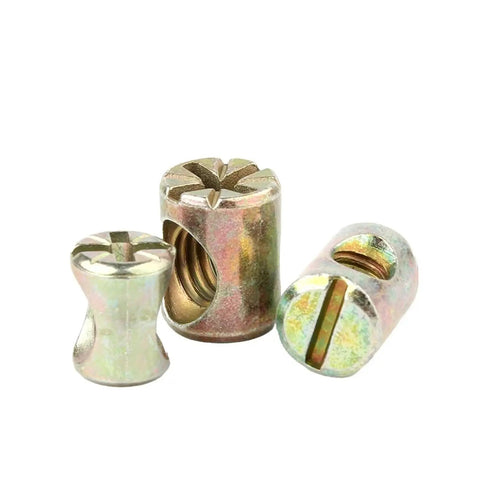 M6 And M8 Barrel Nuts For Furniture Assembly, Cross Dowel With Horizontal Slot, Hammer Embedded Nut, heavy duty hardware close-up