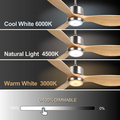 52 Inch Dope Smart Ceiling Fan With Lights showing color temperatures and dimmable control, solid wood blades, ideal for any home