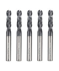 Front view of five 1/8-inch diameter, 2-flute ball-nose carbide end mills with MAH coating