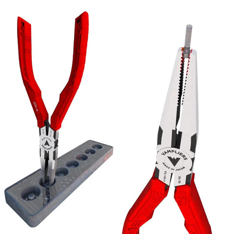7 Point 5 Inch Stripped Screw Extractor Needle Nose Pliers Made In Japan for Auto Techs and Electricians, red handle.