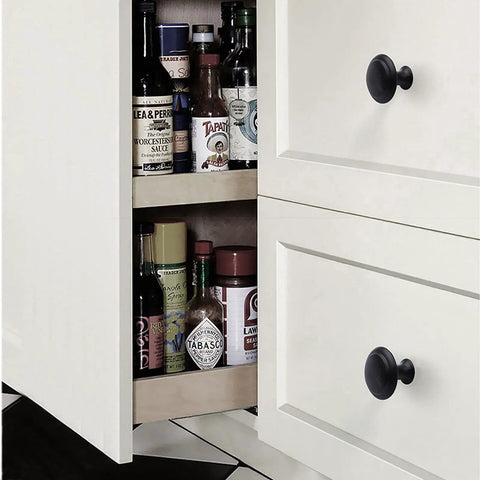 12 Pack Black Aluminum Cabinet Knobs With Screws on white kitchen cabinets, showcasing durable round drawer hardware, sleek flat black finish.