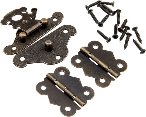 Old School Vibe Antique Retro Hasp Lock Buckle Eye Latch Set With Bronze Hardware, Wooden Box Protective Cover And 2 Cabinet Hinges