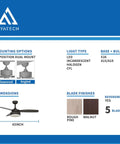 42 Inch Modern Indoor Ceiling Fan With Dimmable Light Kit And Remote Control, Reversible Blades, ETL Listed, mounting options