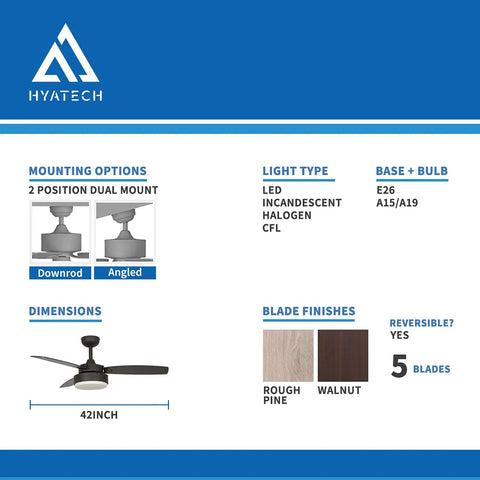 42 Inch Modern Indoor Ceiling Fan With Dimmable Light Kit And Remote Control, Reversible Blades, ETL Listed, mounting options