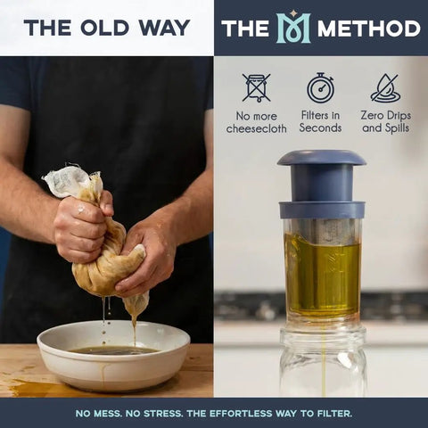 Comparison of old method and BPA-Free Reusable Oil And Butter Filter Press With Plunger And Brush in kitchen