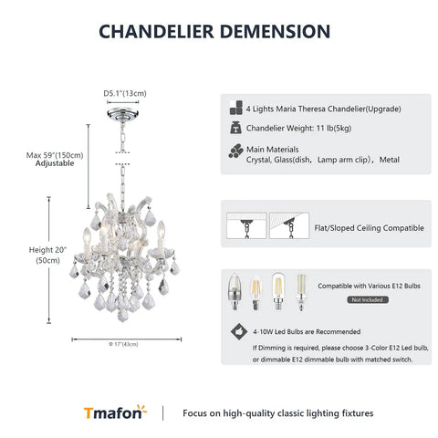 Modern Crystal Chandeliers For Dining Room And Home Four Light K9 Crystal Pendant Lamp With Adjustable Height dimensions guide
