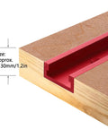 Close-up of a red aluminum T-slot miter track on wooden surface, showing the 30mm depth for Aluminum Miter Track 400mm T Slot Guide Rail For Table Saws Milling Machines Band Saws Pro Grade Precision Fit Easy Install Ergonomic Design Chute Slide For Accurate Cuts.