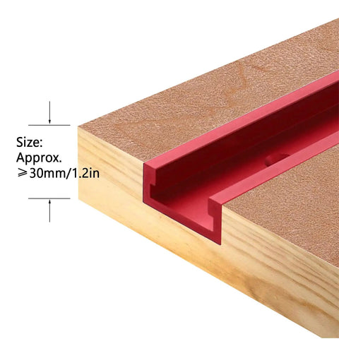 Close-up of a red aluminum T-slot miter track on wooden surface, showing the 30mm depth for Aluminum Miter Track 400mm T Slot Guide Rail For Table Saws Milling Machines Band Saws Pro Grade Precision Fit Easy Install Ergonomic Design Chute Slide For Accurate Cuts.