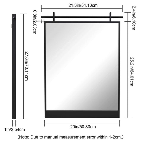 Dope Barn Door Vibe Farmhouse Mirror 28 By 20 Inches In Matte Black Metal Frame with dimensions; rustic black wall decor.