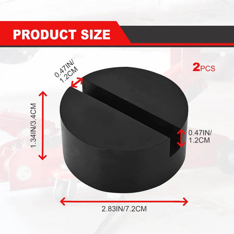 2 Pack Rubber Floor Jack Pad Kit For Universal Car Lifts And Jack Stands Heavy Duty Slotted Frame Rail Pinch Weld Protection Anti Slip Thick Rubber Pads Sized 2.8 Inch Diameter And 1.3 Inch Tall, showing dimensions and slotted design.