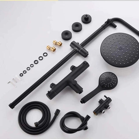 UMJIGF Bathroom Shower System Thermostatic Shower Mixer Set with Adjustable Shower Rail, Wall Mounted components laid out.