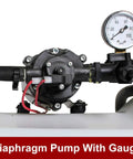 Close-up of the 2.2 GPM diaphragm pump and gauge on the 15-Gallon 12 Volt Dripless EZ Mount ATV UTV Spot Sprayer With Translucent White Tank