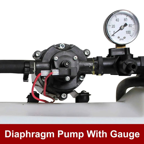 Close-up of the 2.2 GPM diaphragm pump and gauge on the 15-Gallon 12 Volt Dripless EZ Mount ATV UTV Spot Sprayer With Translucent White Tank