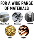 Annular cutter product image showing five materials: sheet metal, aluminum, cast iron, brass, copper.