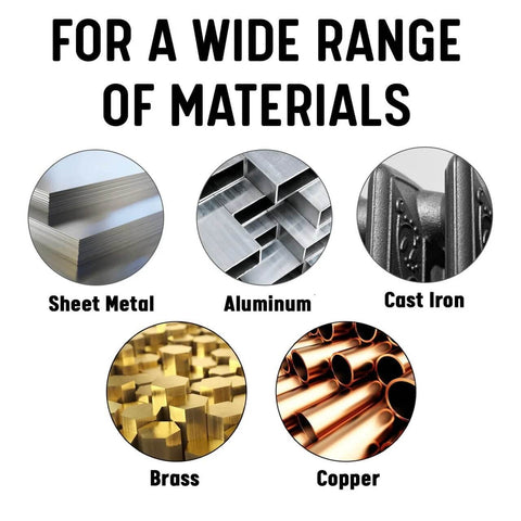 Annular cutter product image showing five materials: sheet metal, aluminum, cast iron, brass, copper.