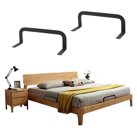 2 Pcs Universal Mattress Slide Stopper And Bed Frame Retainer Bracket Keeps Your Bed Lockdown Tight On Any Frame Stops Nightly Shifting displayed above a wooden bed.