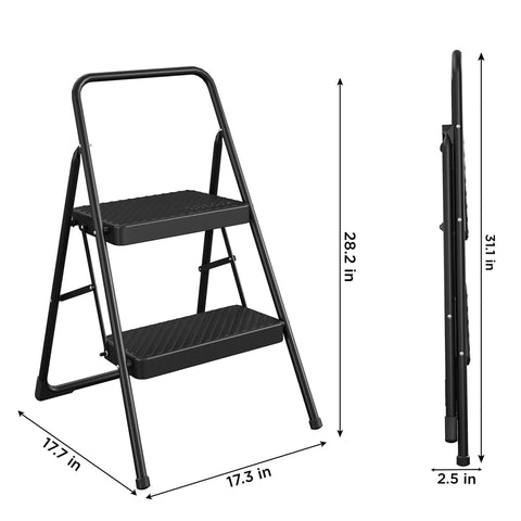 Lightweight Two Step Home Stool For Easy Reaching And Cleaning With Non Marring Feet, design showing open and folded views