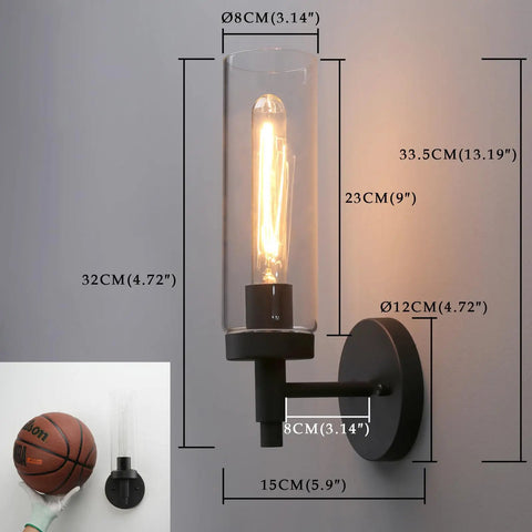 Matte Black Rustic Industrial Wall Sconce Light With Tubular Clear Glass Lampshade shown with dimensions for Bedroom, Living Room.
