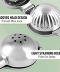 Close-up of Go-To Stainless Steel Lemon Squeezer showing grooved head and eight straining holes, heavy duty manual citrus press design.