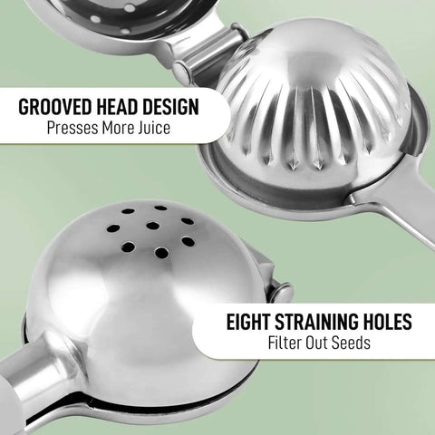 Close-up of Go-To Stainless Steel Lemon Squeezer showing grooved head and eight straining holes, heavy duty manual citrus press design.
