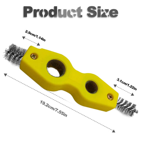 Must Have 4 In 1 Car Battery Terminal Cleaner And Corrosion Scouring Brush showing dimensions, 19.2cm length, yellow handle with steel bristles.