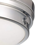 Close-up of Round Glass Chrome Flush Mount Ceiling Light, 2 Light Fixture, 120W Max, E26 Base, showing chrome finish and white glass