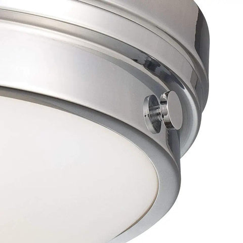 Close-up of Round Glass Chrome Flush Mount Ceiling Light, 2 Light Fixture, 120W Max, E26 Base, showing chrome finish and white glass