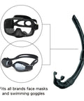 Roll Up Snorkel With Compact Organizer And Portable Mesh Bag For Scuba Diving Spearfishing Freediving And Snorkeling Food Grade Silicone Grommet Universal Fit shown with mask and goggles
