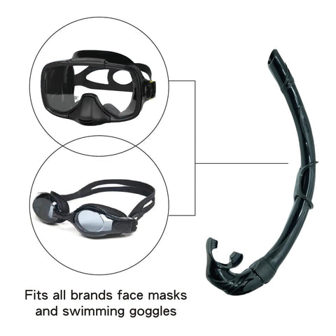 Roll Up Snorkel With Compact Organizer And Portable Mesh Bag For Scuba Diving Spearfishing Freediving And Snorkeling Food Grade Silicone Grommet Universal Fit shown with mask and goggles