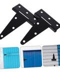 OUNONA heavy-duty extended T-shaped hinge pair, black metal for wood gates/fences; includes mounting screws.