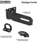 Built Tough 4 Inch Door Padlock Hasp Latch In Genuine 304 Stainless Steel With Sleek Matte Black Finish For Backyard Sheds Gates Toolboxes Solid One Piece Security Hardware Single Pack components including hasp arm, locking eye plate, and screws.