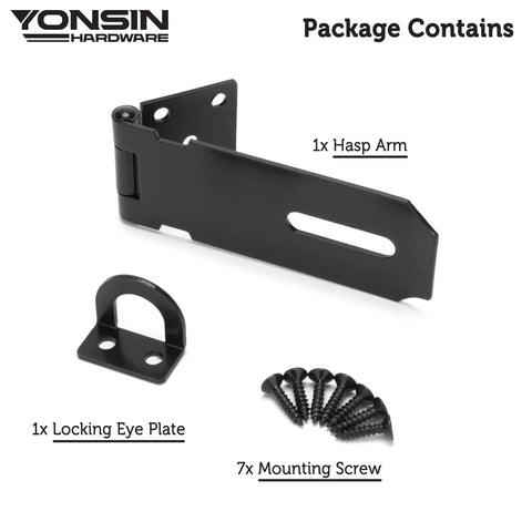Built Tough 4 Inch Door Padlock Hasp Latch In Genuine 304 Stainless Steel With Sleek Matte Black Finish For Backyard Sheds Gates Toolboxes Solid One Piece Security Hardware Single Pack components including hasp arm, locking eye plate, and screws.