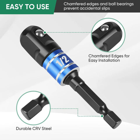 Close-up of 1/2 inch adapter from 6 Piece Impact Socket Adapter Set For Power Drills And High Torque Impact Wrenches One Quarter Inch Three Eighths Of An Inch And One Half Inch With Extension Driver Bit And Holder, showing chamfered edges and durable CRV steel.