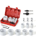 Maycraft hole saw kit, 17-piece red case front view with 11 white hole saws (3/4–2-1/2 in), 2 arbors, 3 pilot bits, hex wrench