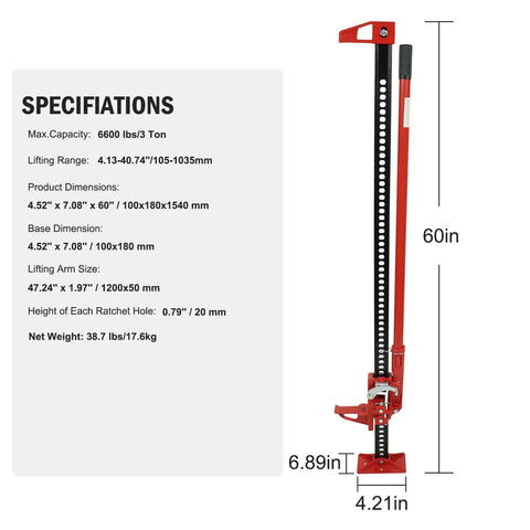 60 Inch Ratcheting Off Road Farm Jack Be Beefy 3 Ton Capacity 6,600 Lb Heavy Duty Lift specifications and measurements chart