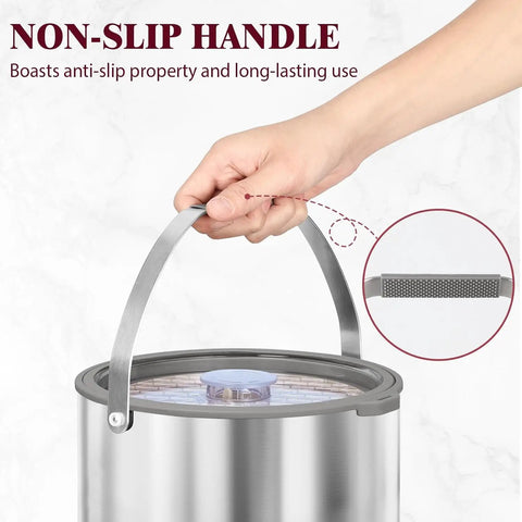 Hand holding the non-slip handle of the Big Boy 7qt Vacuum Insulated Ice Bucket With Lid And Scoop, Heavy Duty Cold Drink Cooler.