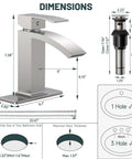 Dimensions and components of Brushed Nickel Sleek Waterfall Bathroom Faucet With Single Handle For One Hole Sink Brass Modern Commercial Faucet With Pop Up Drain And Supply Line Included.