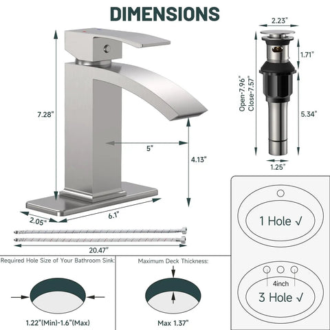 Dimensions and components of Brushed Nickel Sleek Waterfall Bathroom Faucet With Single Handle For One Hole Sink Brass Modern Commercial Faucet With Pop Up Drain And Supply Line Included.