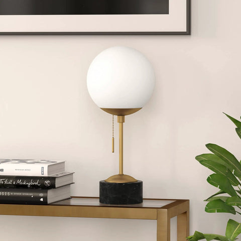 18 Inch Tall Table Lamp With Glass Shade In Brass Black Marble And White Milk Glass For Home Office Living Room Nightstand Soft Diffused Glow