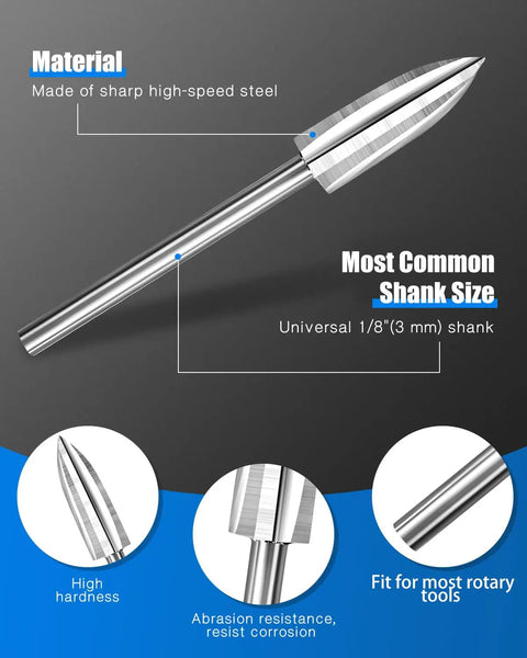 Close-up of a 10 Piece Rotary Tool Bits Set For Wood Carving Engraving And Detail Work With 1/8 Inch Shank, showing high-speed steel material.